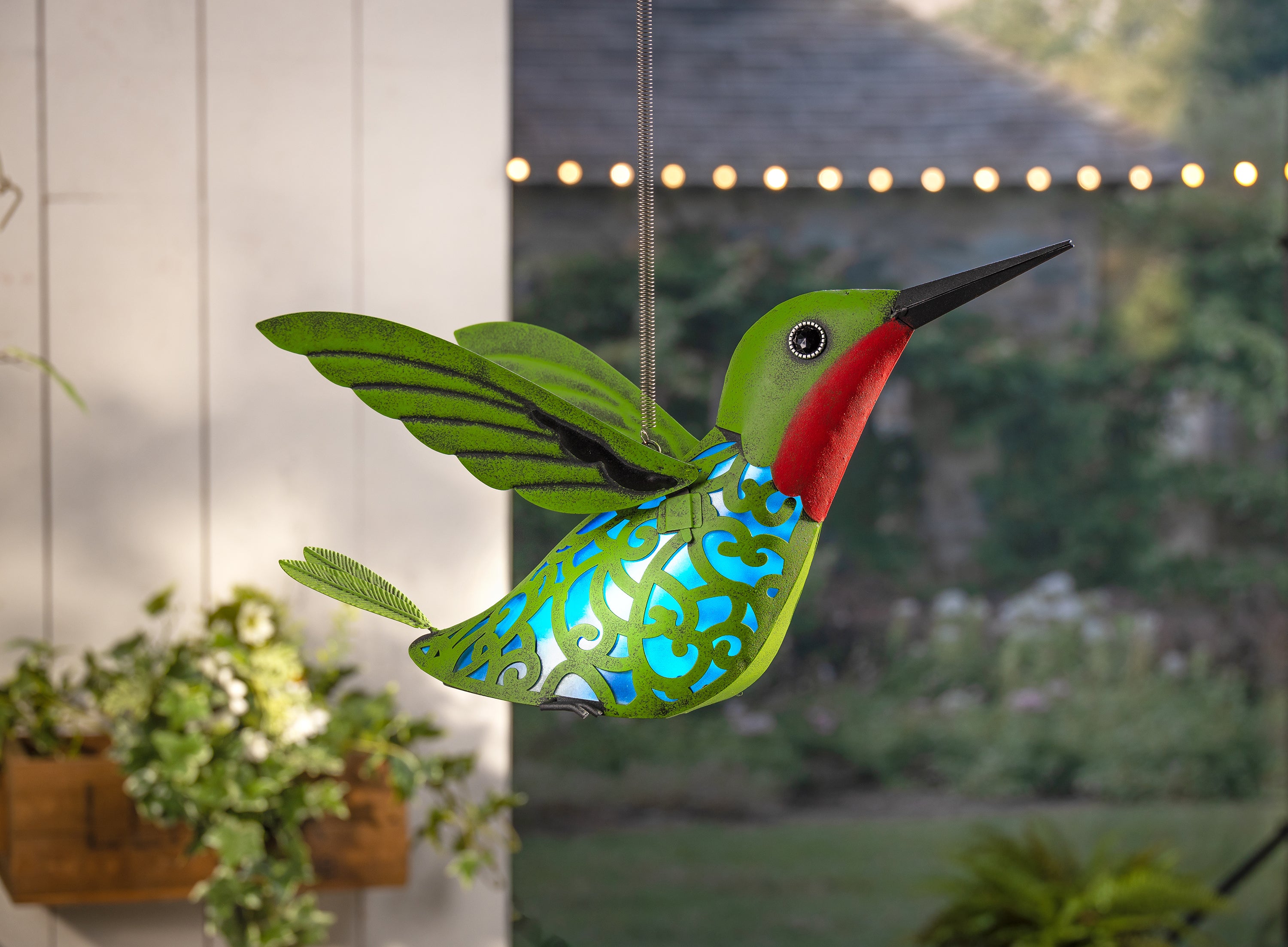 9.45 inch Solar Lighted Metal Hummingbird with Spring and Hook